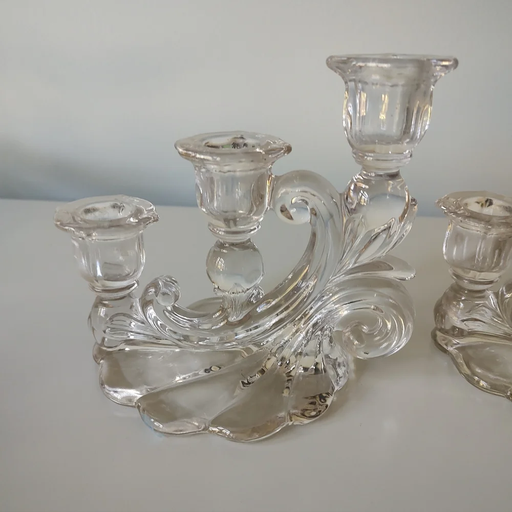 Vintage Cambridge Glass Caprice Three Light Candlestick Pair Chrystal Clear